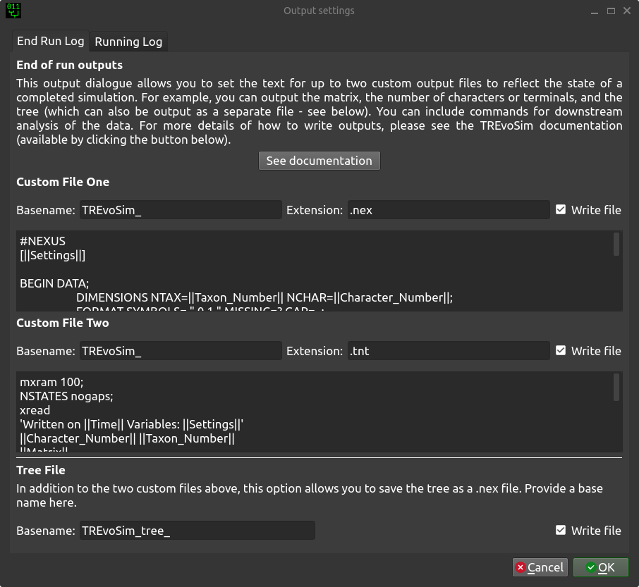 The output settings page for the end run log in TREvoSim