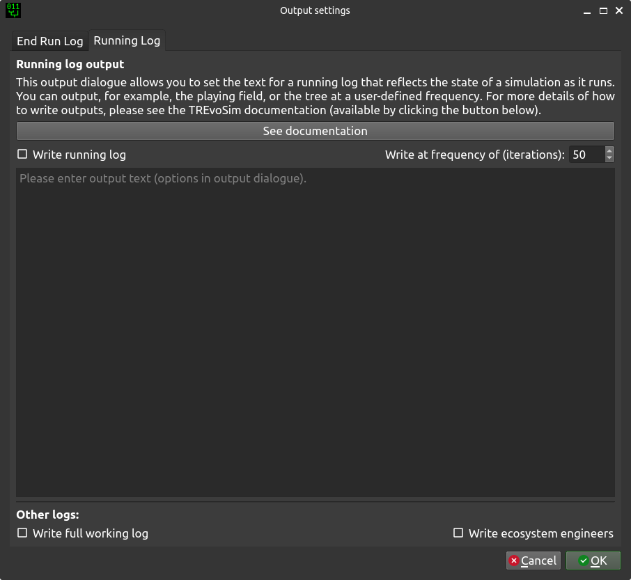 The output settings page for the running log in TREvoSim
