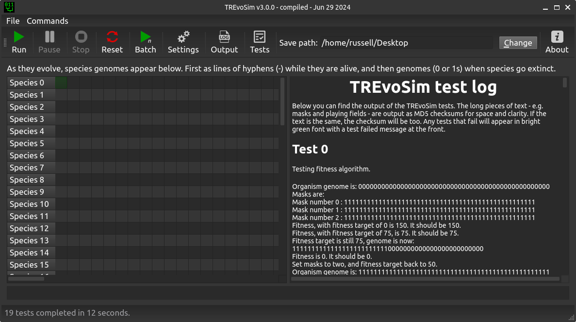 The TREvoSim graphical user interface in test mode